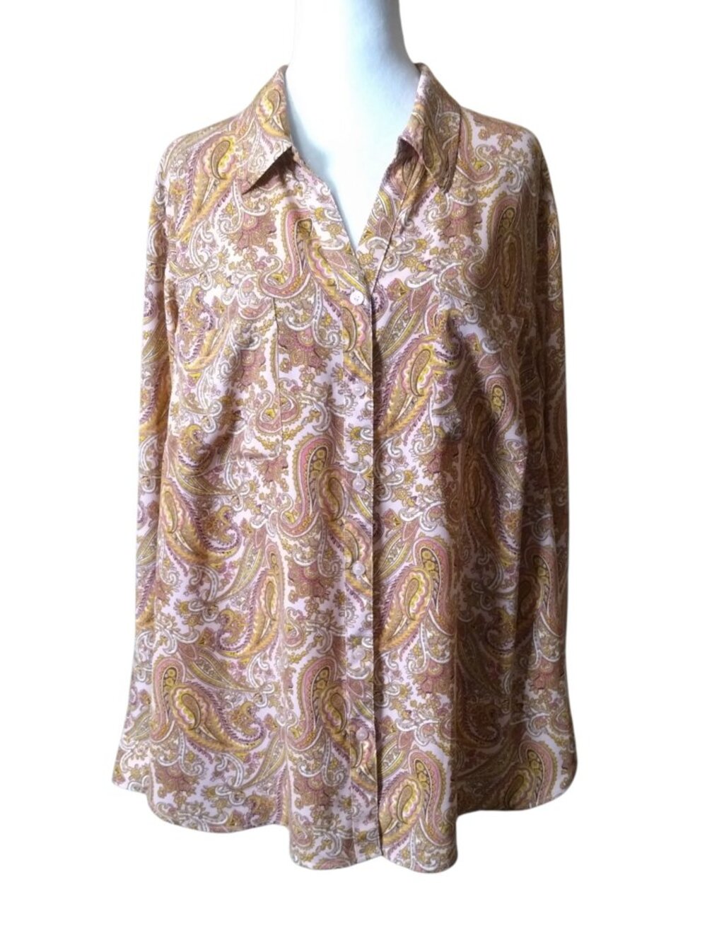 Talbots Plus Women's 2X Paisley Roll Tab Sleeve Button Front Blouse Top Pockets